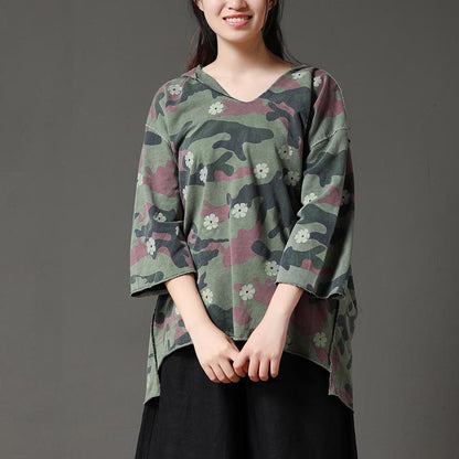 Camouflage Casual Irregular Hem Women Hooded Collar Shirt