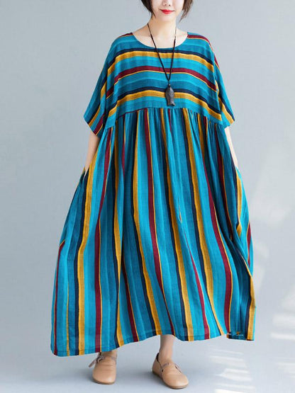Loose Retro Striped Round-neck Long Dress