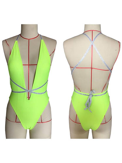 Plain Lace Up Backless One Piece Swimsuit