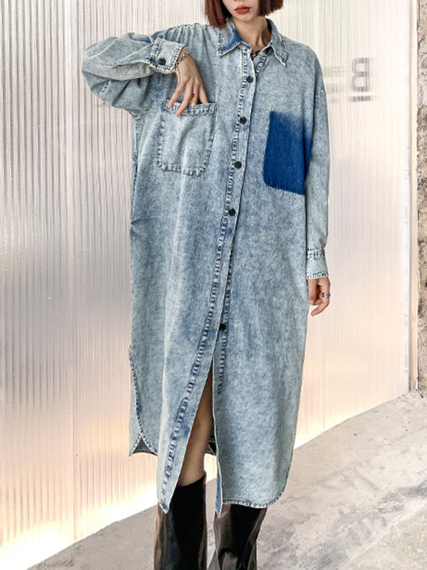 Simple Cool Raw Denim Split-Side Split-Joint With Pocket Buttoned Lapel Collar Long Sleeves Midi Shirt Dress