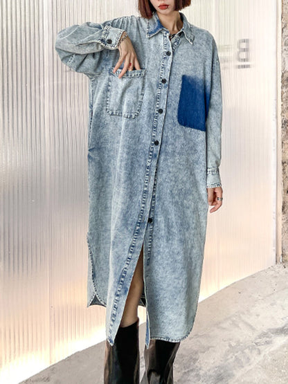 Simple Cool Raw Denim Split-Side Split-Joint With Pocket Buttoned Lapel Collar Long Sleeves Midi Shirt Dress