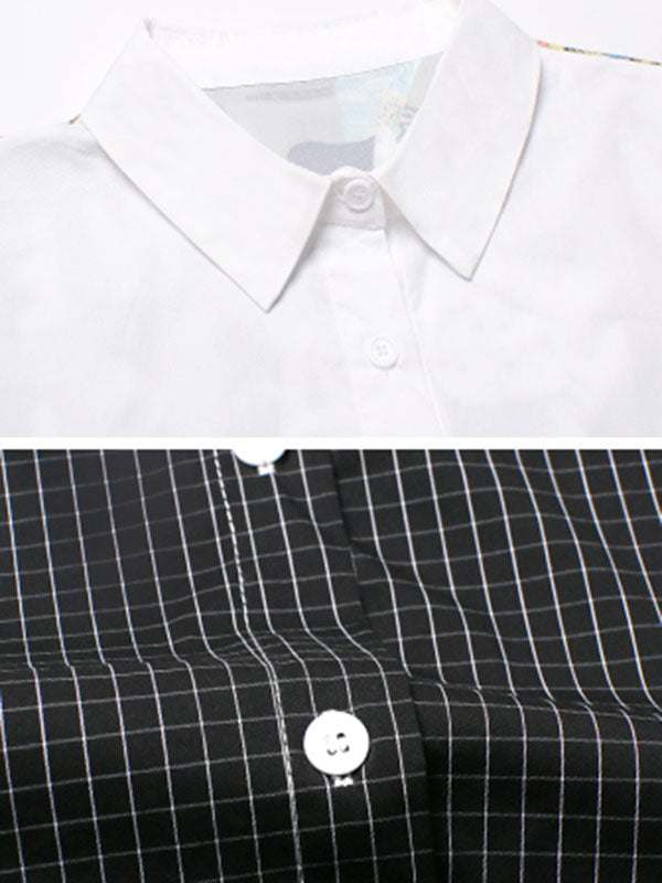 Stylish Cartoon Printed Plaid Split-Joint Lapel Collar Long Sleeves Blouse