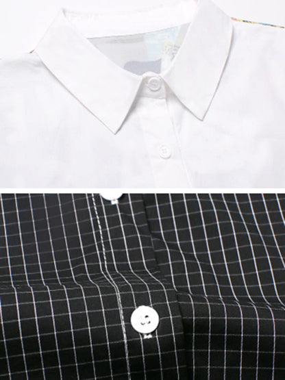 Stylish Cartoon Printed Plaid Split-Joint Lapel Collar Long Sleeves Blouse