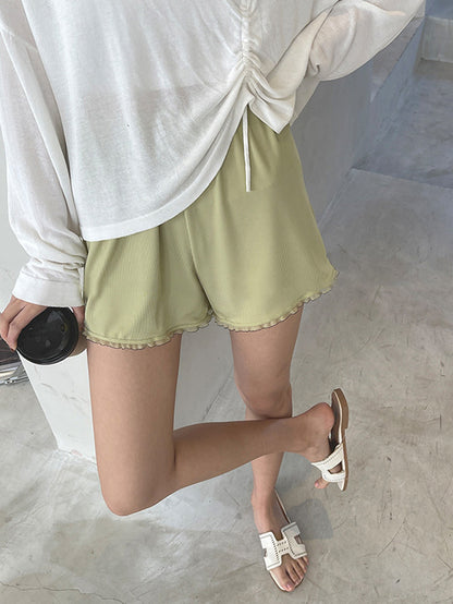 Simple Solid Color Split-Joint Lace Pajama Shorts