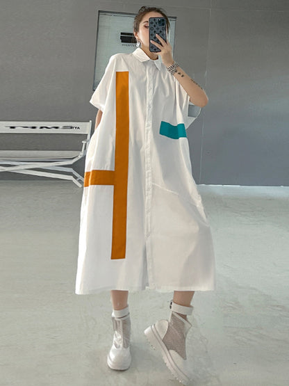 Original Loose Contrast Color Striped Printed Midi Shirt Dress