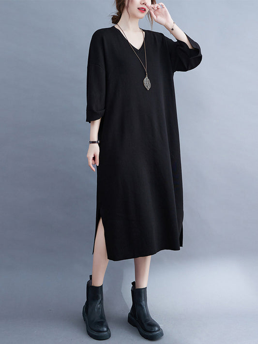 Urban Solid Color V-Neck Split-Side Knitting H-Line Sweater Dress