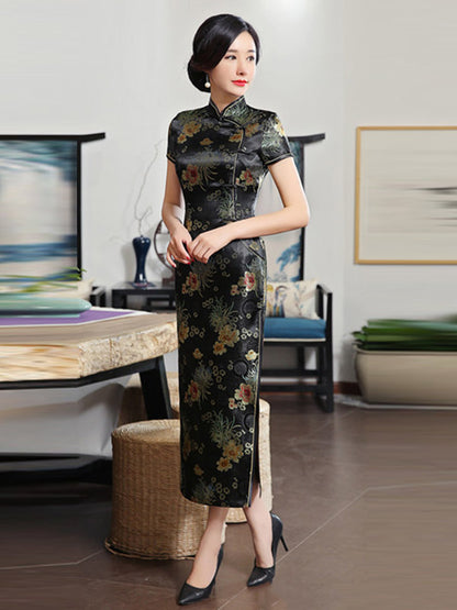 Vintage Split-Side Stand Collar Printed Short Sleeves Long Cheongsams