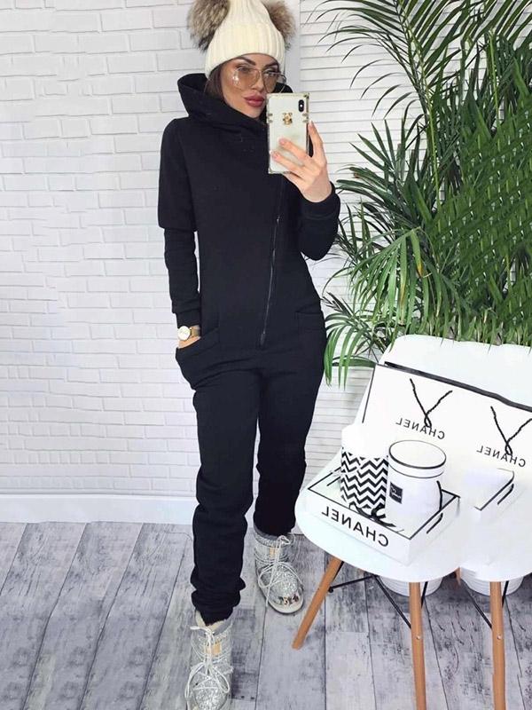 Loose Zipper Solid Sports Jumpsuits