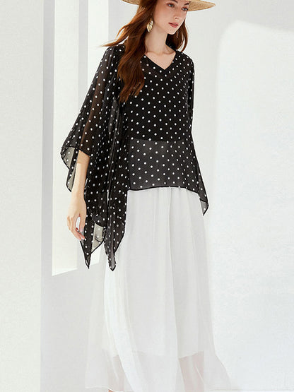 Original Loose Chiffon Polka-Dot Irregular Shirt Top