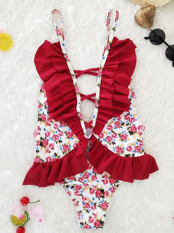 Ruffled Lace Halterneck Bikinis Swimwear