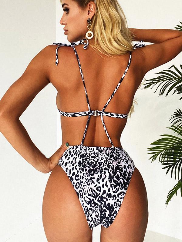 Solid Color Hollow Bandage Bikini Swimsuit