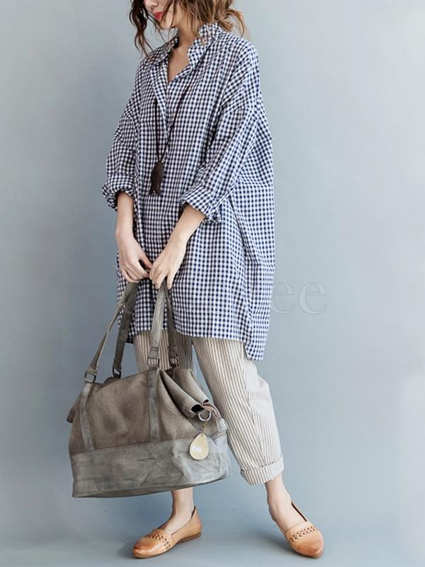 Casual Plaid Lapel Beaded Shirt