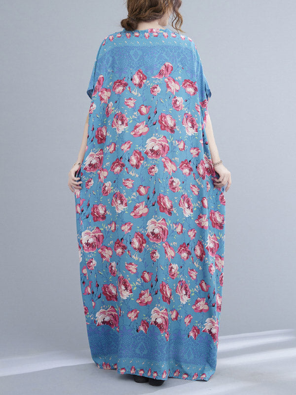 Loose Floral Printed V-Neck Short Sleeves Maxi Dress