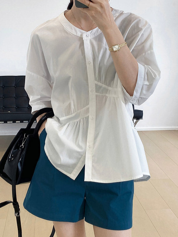 Stylish White&Blue Asymmetric High-Low Half Sleeves Blouses