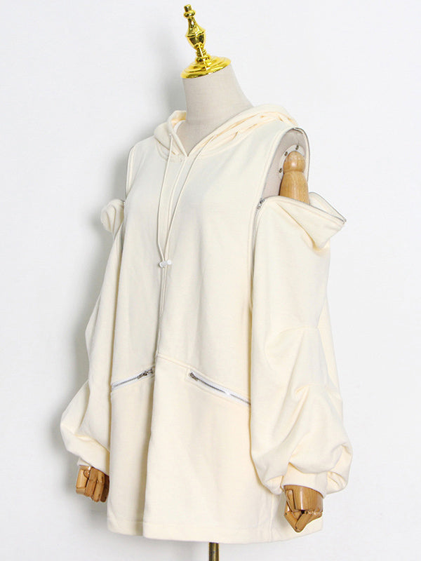 Fashion Solid Color Split-Joint Cold Shoulder Hoodies Top