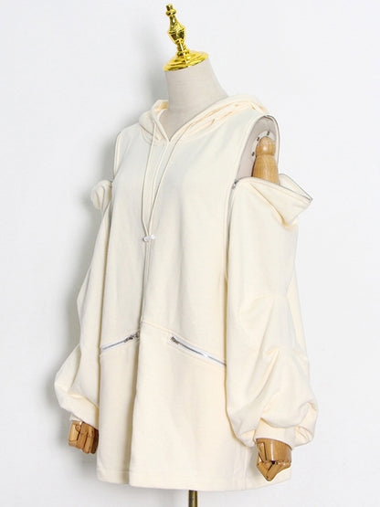Fashion Solid Color Split-Joint Cold Shoulder Hoodies Top