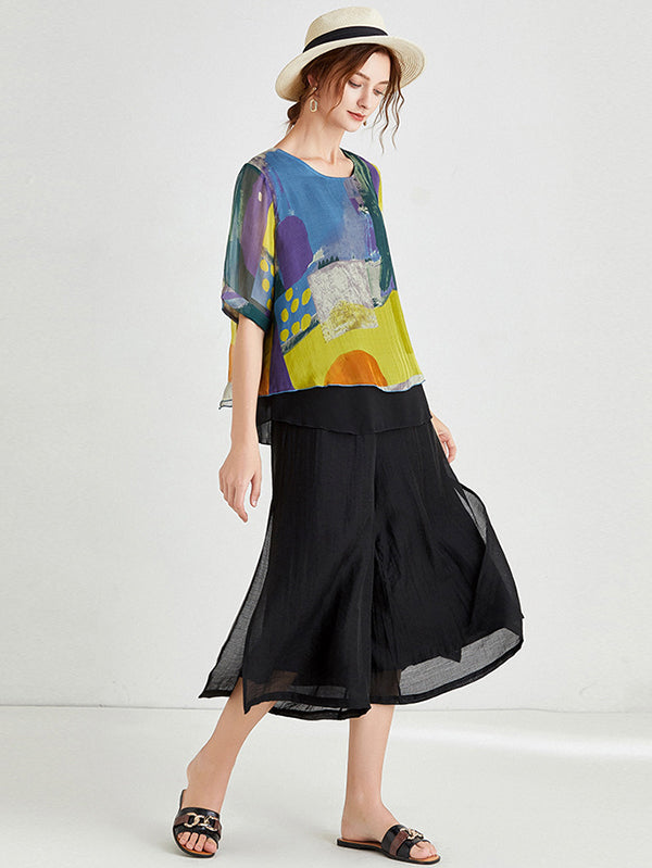 Original Silk Printed Contrast Color T-Shirt Top