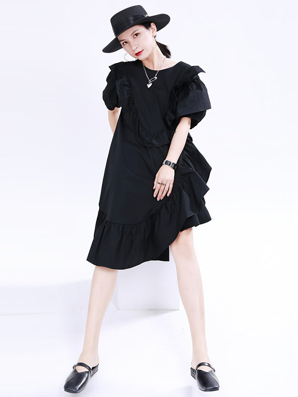 Original Irregular Solid Color Split-Joint Falbala Round-Neck Short Sleeves Midi Dress