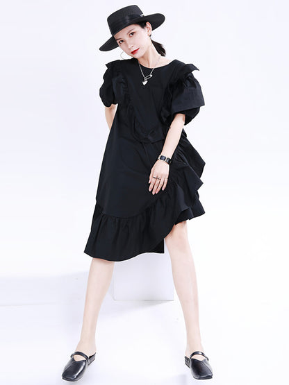 Original Irregular Solid Color Split-Joint Falbala Round-Neck Short Sleeves Midi Dress