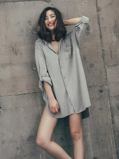 Leisure Solid Lapel Shirt Dress Pajama