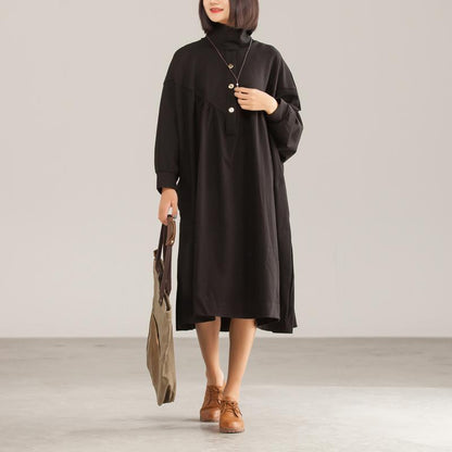 Cotton Solid Black Loose A-Line Long Sleeve Dress