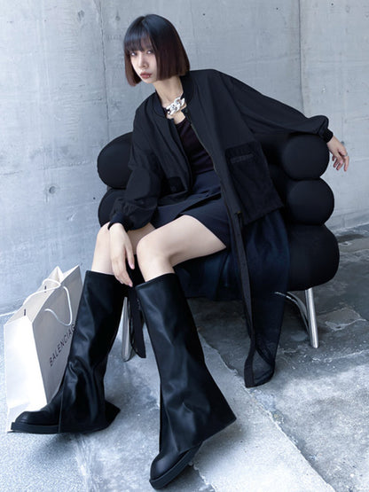 Stylish Split-Joint With Pocket Mesh Buttoned Stand Collar Long Sleeves Jacket Outwear