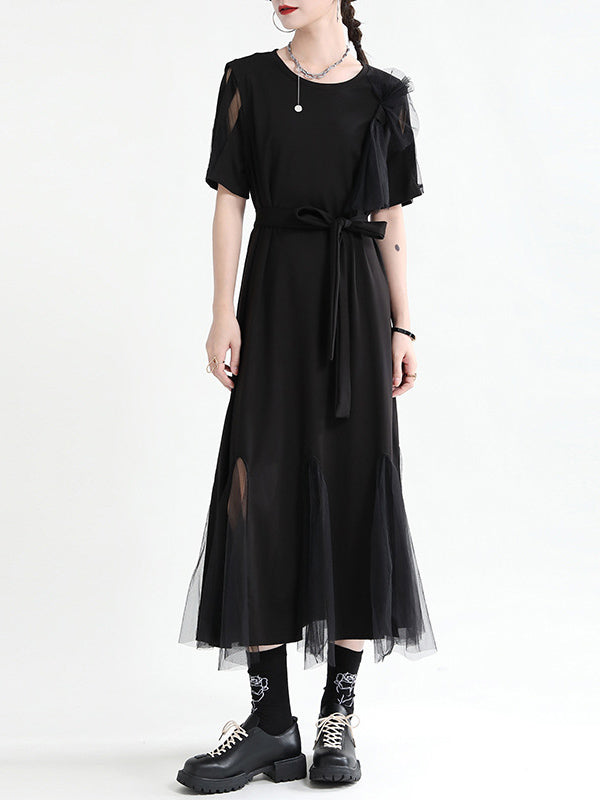 Asymmetric Split-Joint Gauze Hollow Short Sleeves A-Line Midi Dress