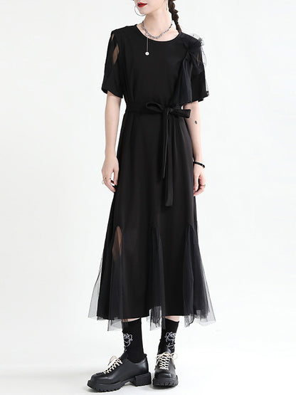 Asymmetric Split-Joint Gauze Hollow Short Sleeves A-Line Midi Dress