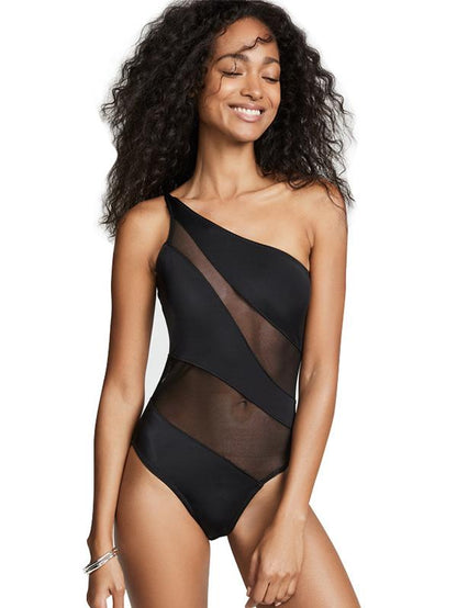 Tulle Black Single Shoulder One-piece Swimwear