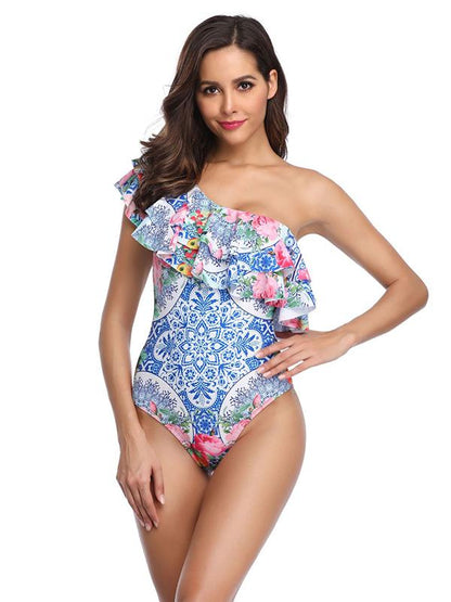 Single Shoulder Falbala Printed One-piece Swimsuit