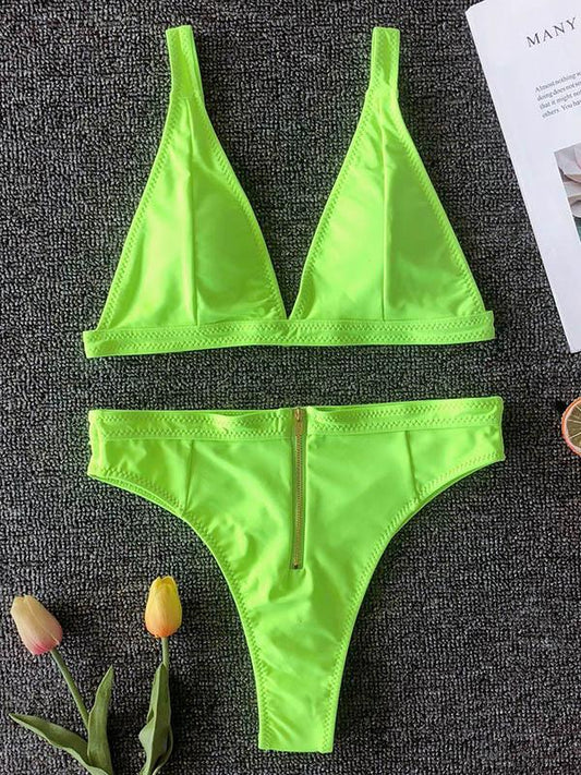 Solid Color Triangles Split Bikini Swimsuit