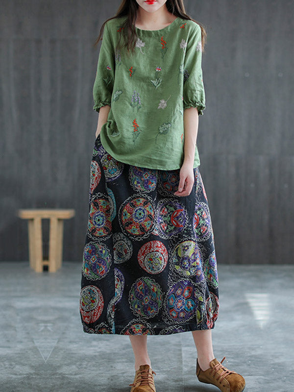 Ramie Cotton Embroidered Round-Neck Short Sleeve T-Shirts Tops