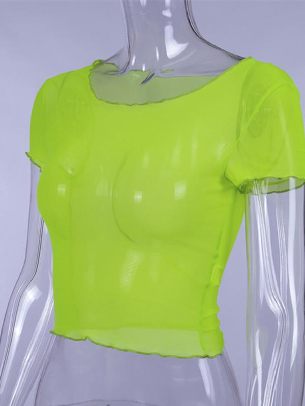 Sheer Neon Frilled Cropped T-Shirt Tops