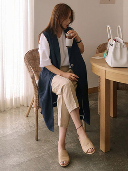 Simple Solid Color Split-Joint With Pocket Linen Notched Collar Vest Outwear