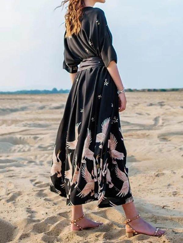 Stylish Crane Print Split-Joint Pleated Half Sleeves Maxi Dress