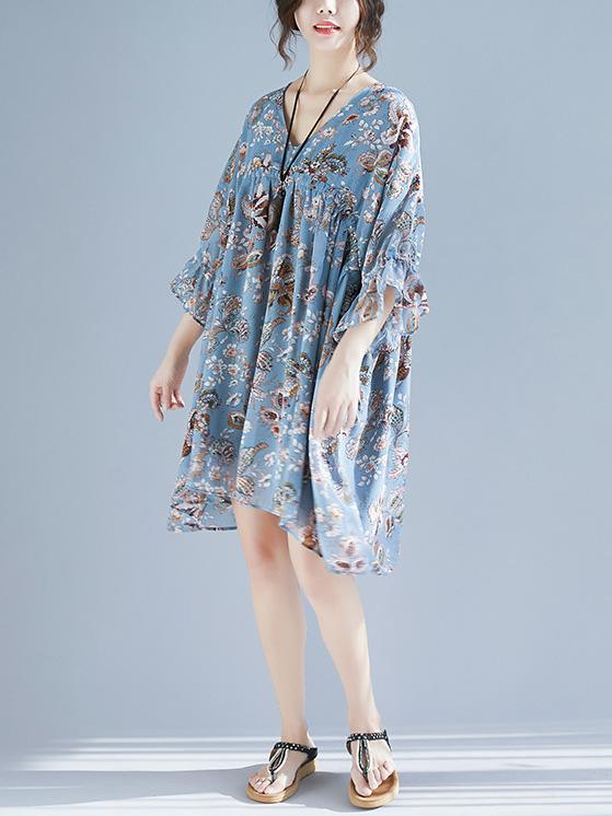 V-neck Fresh Loose Plus Size Floral Mini Dresses