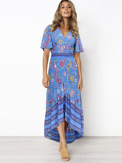 Printed Flared Sleeve Bohemian Flowers Maxi Dress