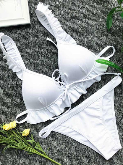 Lace Up Falbala Bikinis Swimwear