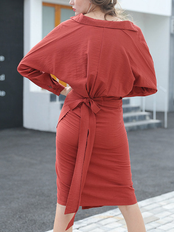 Urban Solid Color Asymmetric Batwing Sleeve Midi Dress