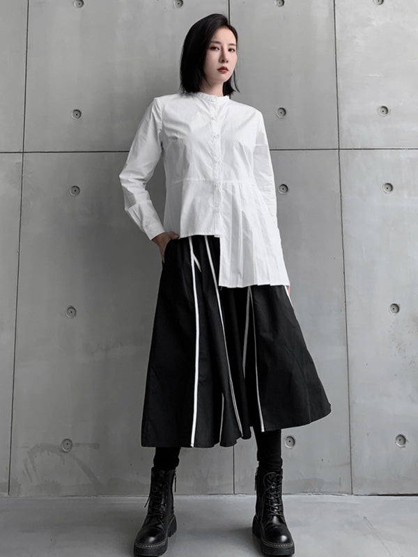 Stylish Irregular Solid Color Split-Joint Pleated Buttoned Stand Collar Long Sleeves Blouse
