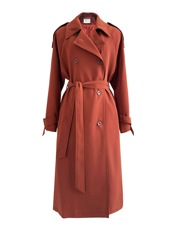 Chic Solid Color Buttoned Tied Notched Collar Long Sleeves Trench Coat