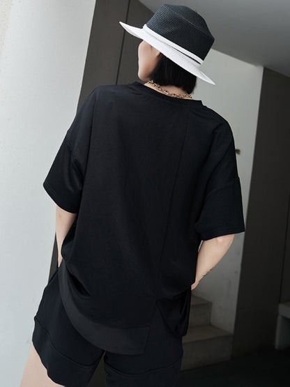 Stylish Black Asymmetric Drawstring Pleated Round-Neck Short Sleeves T-Shirts