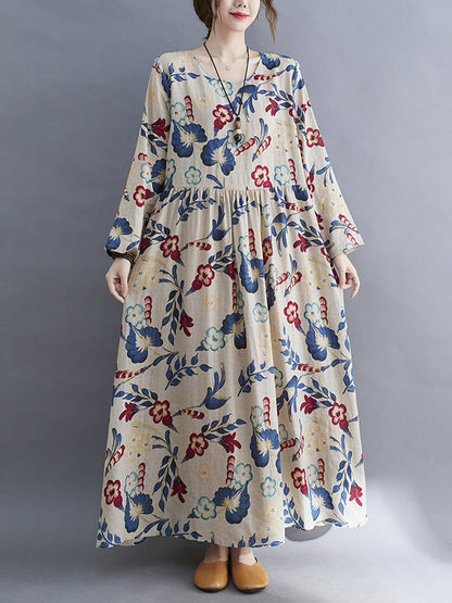 Casual Ramie Cotton Floral Printed Round-Neck Long Sleeves Over Size Maxi Dress