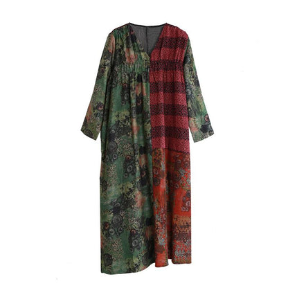 Buykud V-Neck Printed Pleated Retro Loose Dress