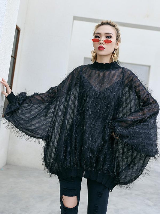 Fuzzy Tasseled See-through Batwing Sleeves Shirt Top