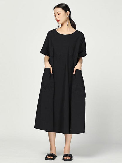 Simple Solid Split-joint Round-neck Dress