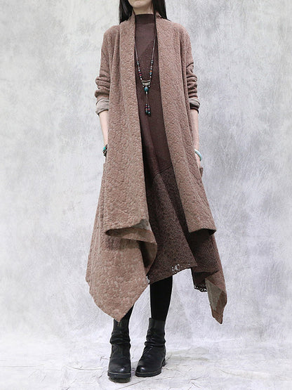 Artistic Retro Irregular Solid Color Split-Joint With Pocket Long Sleeves Cardigan Outwear