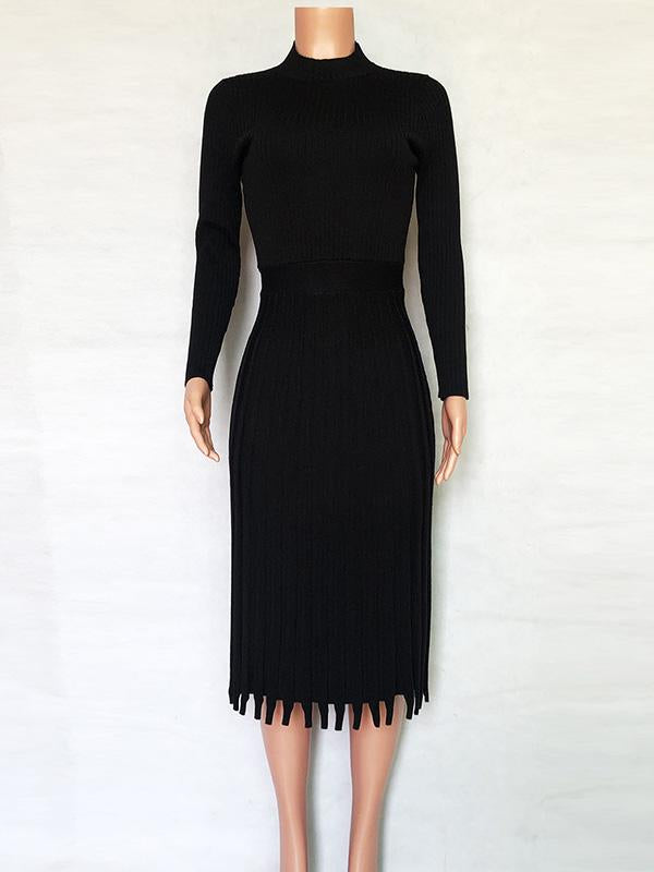 Solid Long-Sleeves Midi Dress