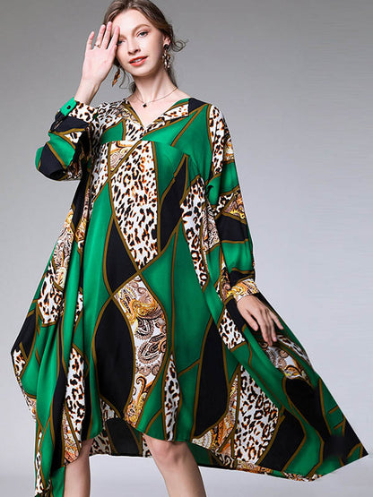 Casual Loose Split-Joint Contrast Color Leopard Floral Printed Lapel Collar Long Sleeves Midi Dress