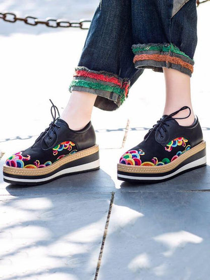 Floral Embroidered Leather Platform Shoes